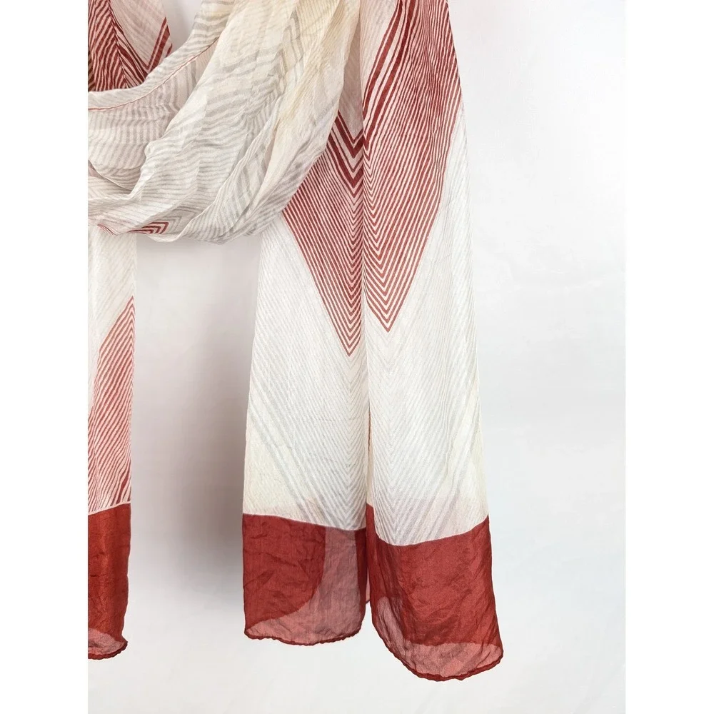 Vintage Indus 100% Silk Scarf 19‎ x 62 Cream Red Striped Chevron Boho Shawl Wrap